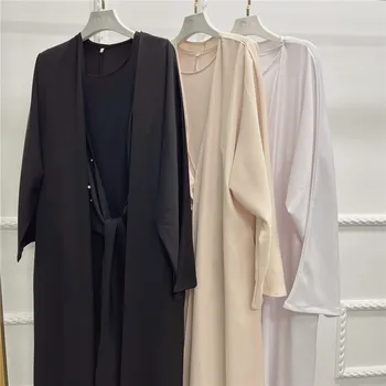 2Pcs Dubai Open Abaya Dress Set Muslim Modest Kimono Cardigan Pearl Robe Kaftan Women Islamic
