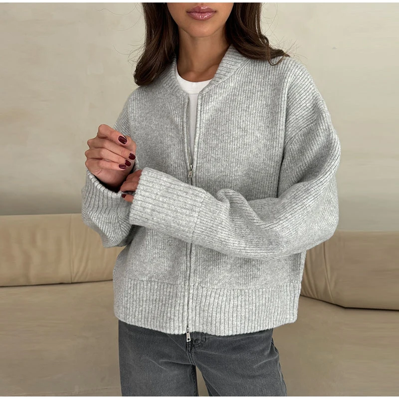Vintage Knit Zipper Cardigan For Women Solid Loose O Neck Long Sleeve Sweater Top Female Fall Winter All-matching Knitwear