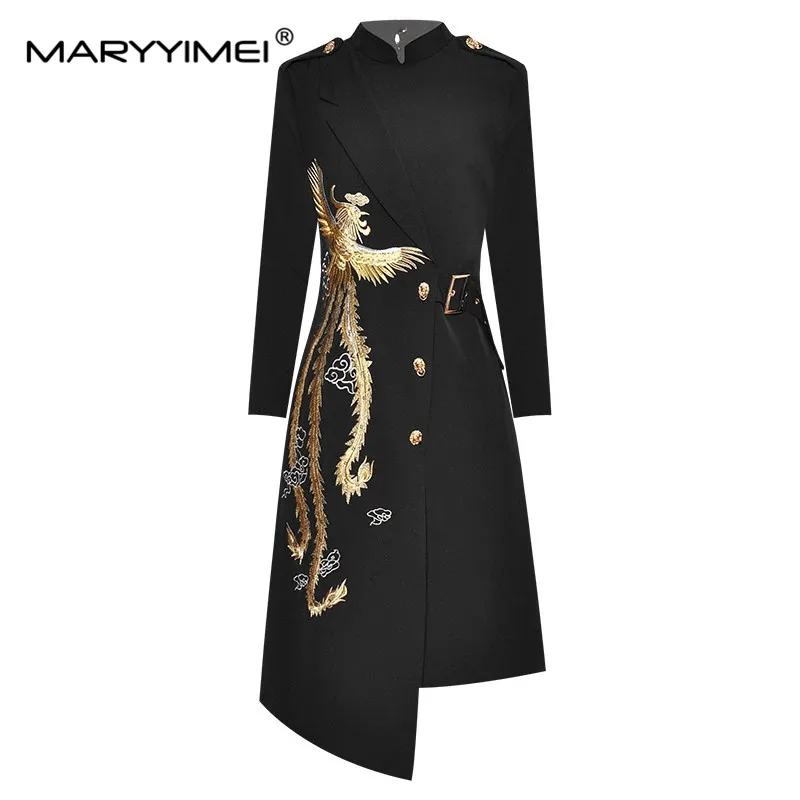 

Модное дизайнерское платье MARYYIMEI, женское платье на весну и осень, элегантные асимметричные платья с воротником-стойкой и вышивкой