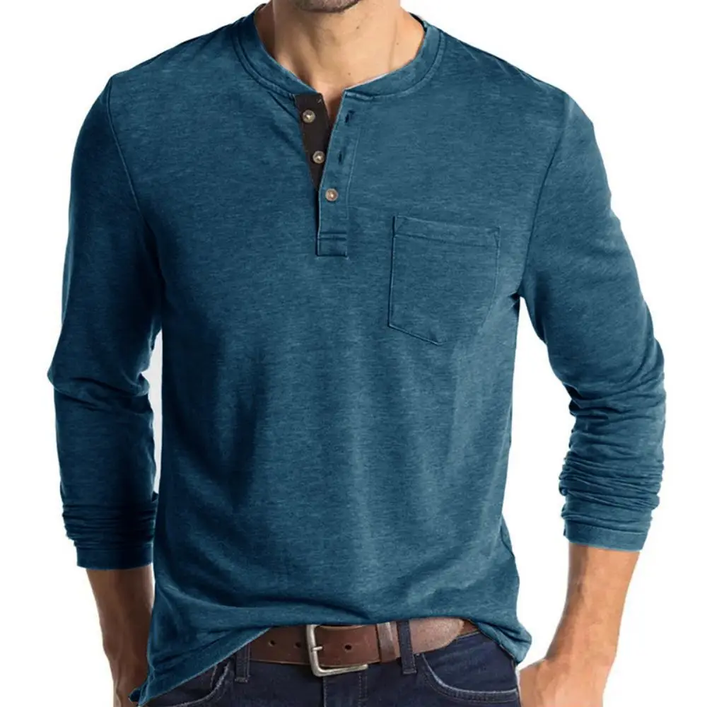 

Men's Henley Collar Long Sleeved T-shirts Solid Casual Top Single Breasted Pocket TShirt Soft Comfy Bottoming Shirt for Autumn