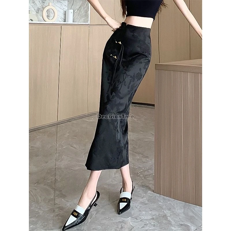 chinese improved retro style cheongsam button skirt chinese women elegant fashion jacquard slit hip wrap midi skirt b118