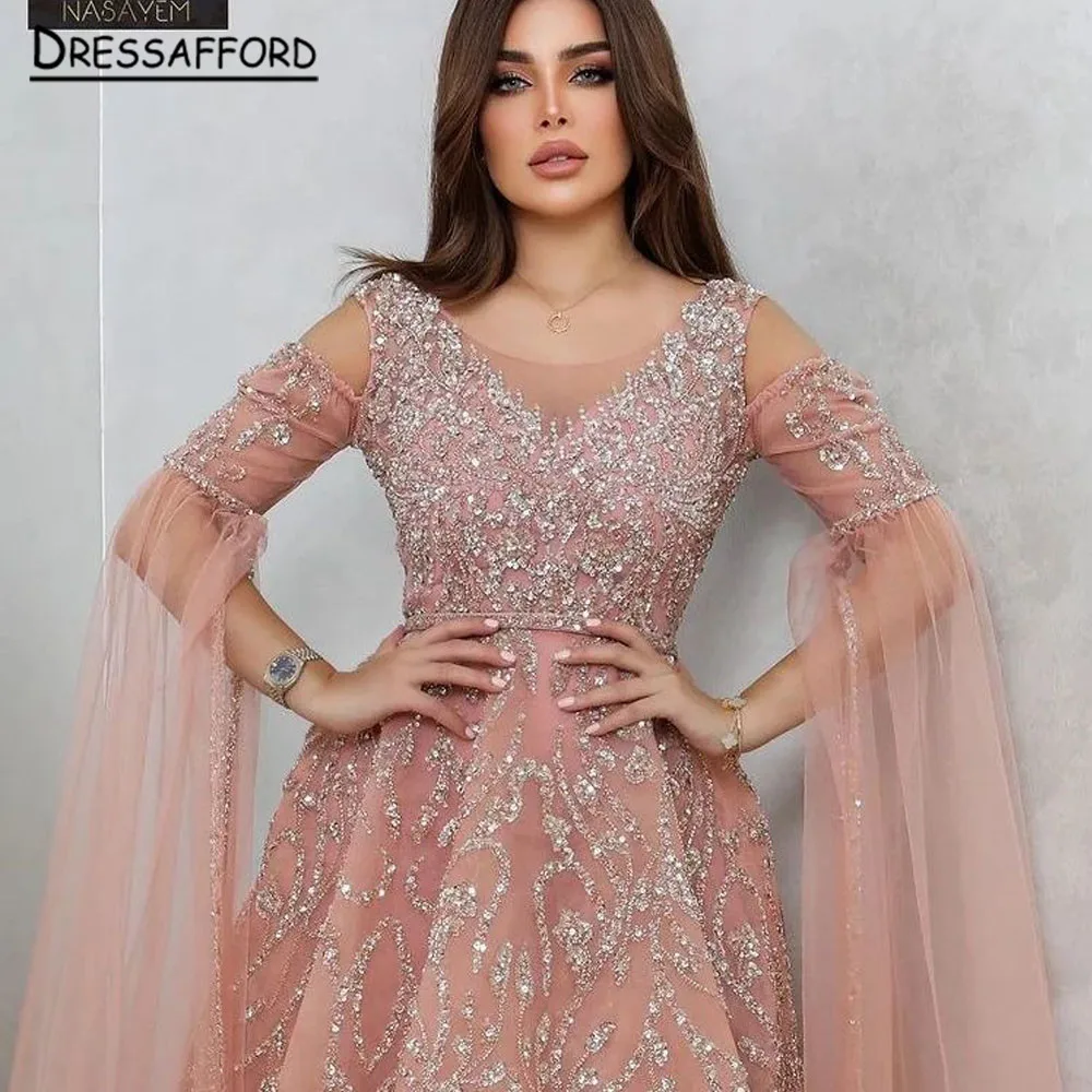

Dubai Pink A-Line Luxury Sexy Evening Dresses Diamond Feathers Shawl Yarn Formal Gown