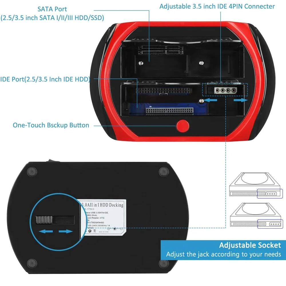 HDD Docking Station 10 IN 1 Dual-bay SATA IDE with 12V Power Adapter for 2.5/3.5 Inch HDD/SSD TF Card