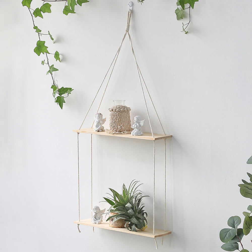 【Deal of the day】 Wooden Wall Shelf Macrame Display Stand Boho Art Home Decoration Floating Shelf Nordic Wall Decor Living Room Nursery Aesthetics