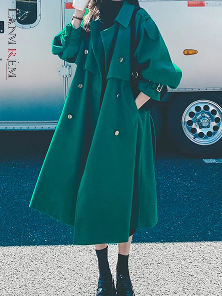 

LANMREM Women Green Mid Length Windbreaker Fashion Lapel Belt Double Breasted Trench Korean Style 2023 Autumn New 2AA3050