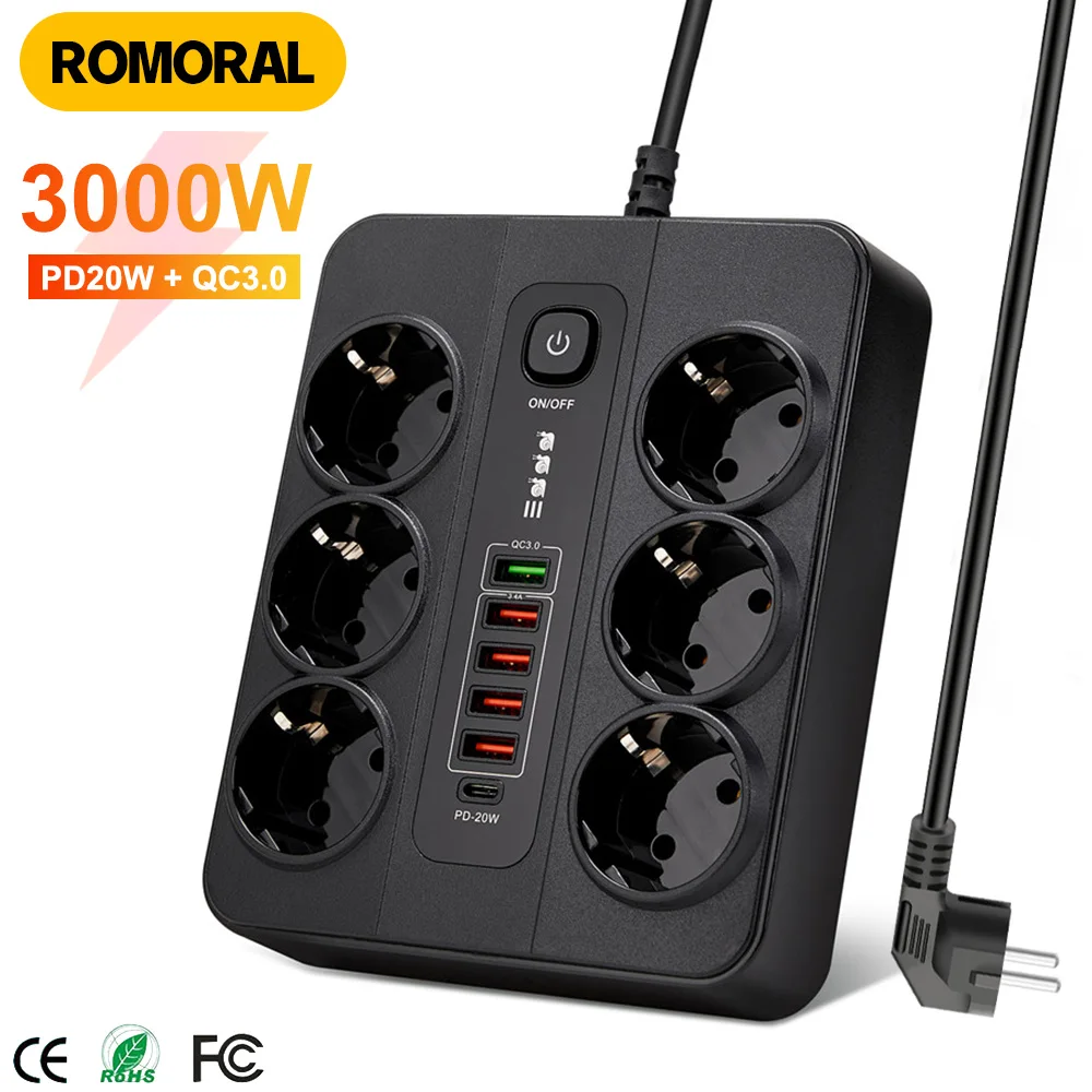 

3000W EU Power Strip with QC3.0 PD20W 6AC European Outlet Plug Strip Adapter 2M Extension Cord Multi Plug with USB Port