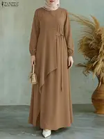 Elegant Muslim Dresses 2026 ZANZEA Ramadan Abaya Kaftan Solid IsIamic Clothing Women O Neck Long Sleeve Robe Irregular Sundress