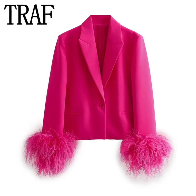 

TRAF Feather Cropped Blazer Woman Fuchsia Long Sleeve Blazers For Women Elegant Stylish Jacket New In Short Coats And Jackets