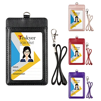 Leather ID Badge Holder with Retractable Reel Lanyard Work Card Case for Business Security Pass Office Access FU