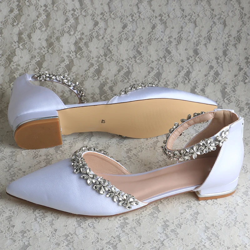 Venus Lure Wedding Flat Shoes Pointed Toe Satin Ivory Bridal Shoes Crystal Brooch
