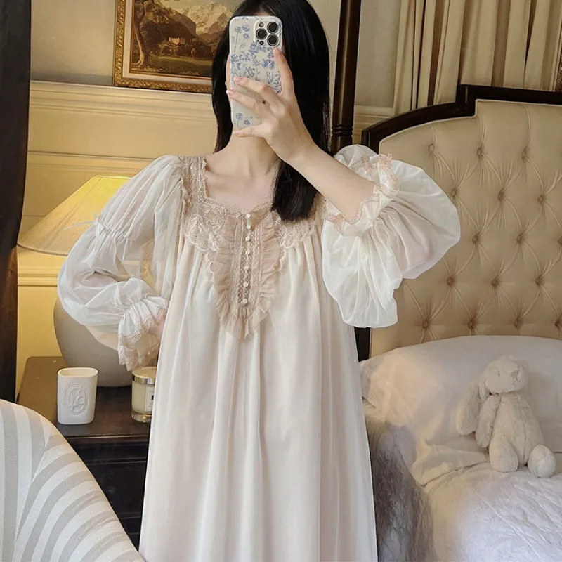 

Retro French Style Nightdress for Women Pajamas Cotton Palace Style Long-sleeved Nightgown Loungewear Woman Sleepwear Female