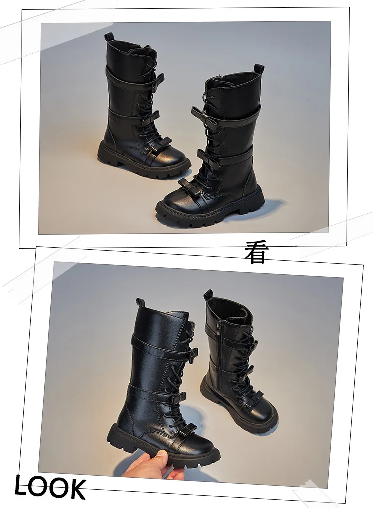 Kids'Boots 솔리드 컬러 PU 가죽 패션 가을 무릎 높이 부츠 소녀용 미끄럼 방지 통기성 블랙 화이트 사이즈 21-37