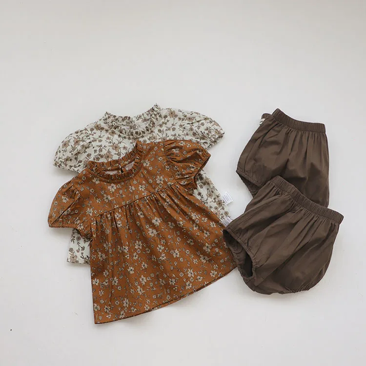 

Girls' Summer Suit Baby Linen Cotton Small Floral Doll Shirt Bread Pants Set Toddle Short Sleeved Tops Shorts 2 Piece Clothes