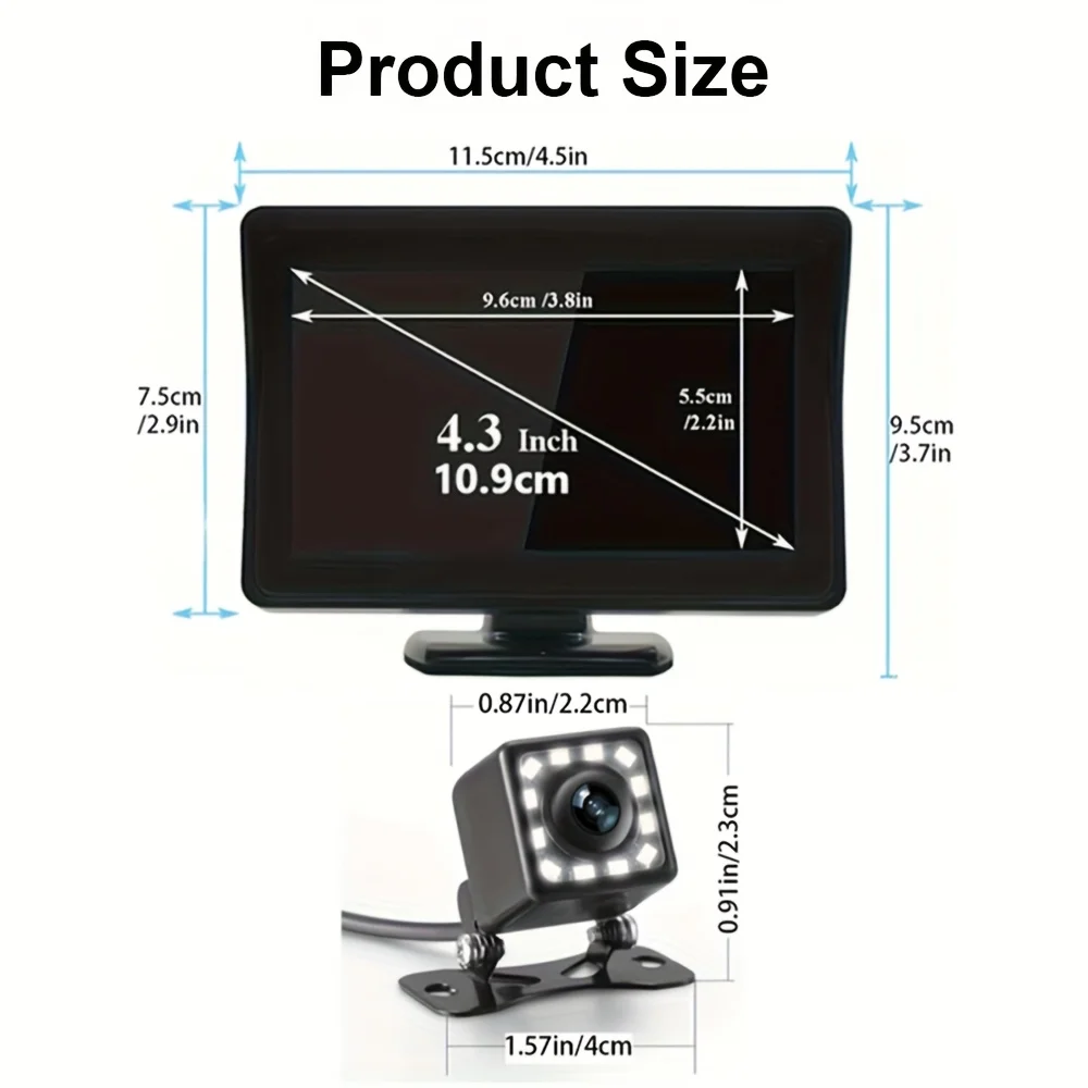 4.3인치 화면 및 12LED 카메라 HD 후방 카메라 키트 - 좁은 공간에 안전하게 주차할 수 있도록 실시간 안내 제공