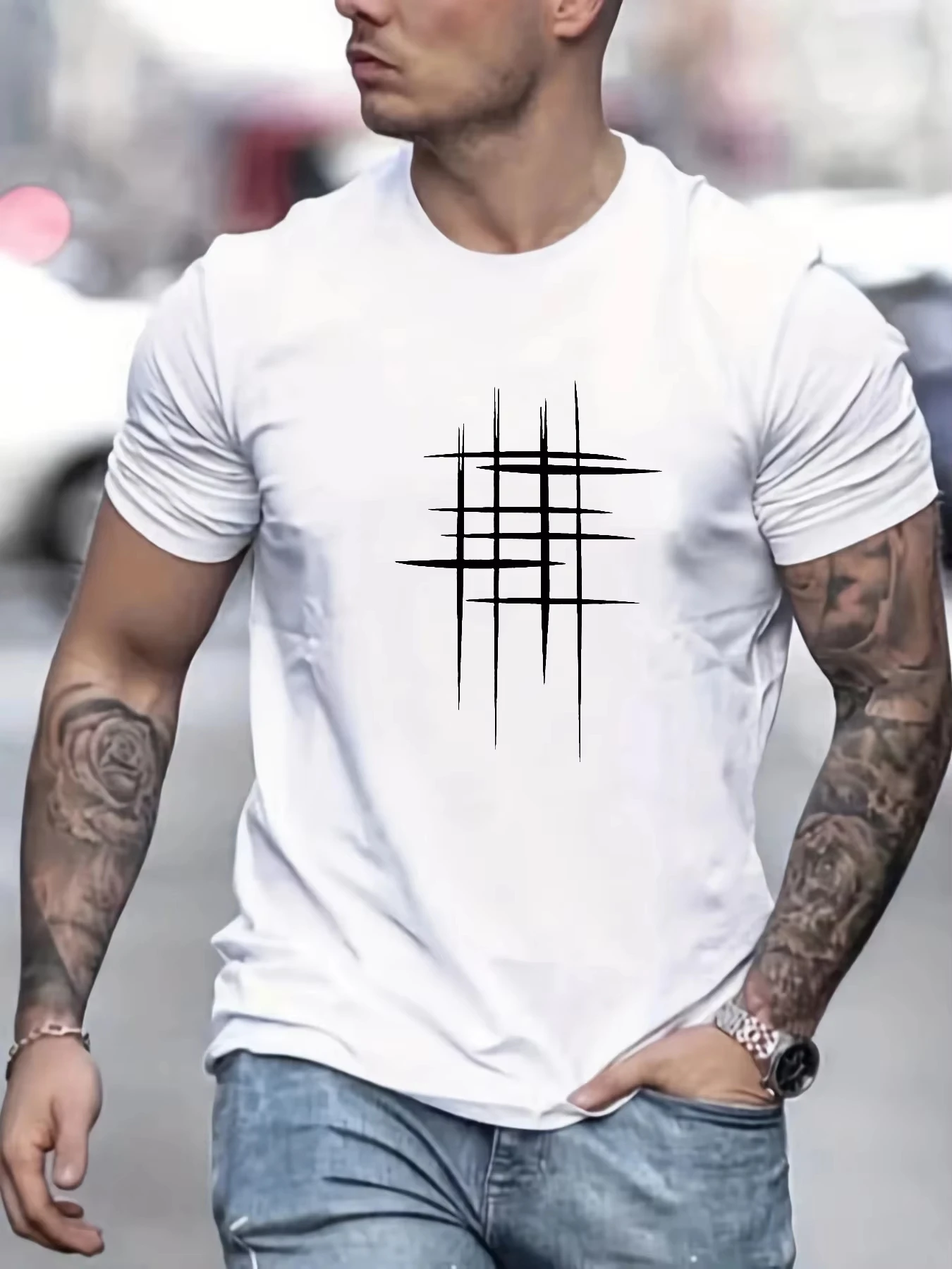 Summer Men's Cotton Casual Loose Size Graphic Line Print Round Neck Short Sleeve T-shirt Top Summer Men Clothes T shirt Men