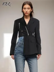 KBQ Spliced Zipper Asymmetrical Black Blazer For Women Notched Collar Long Sleeve Patchwork Pocket Temperament Blazers Female