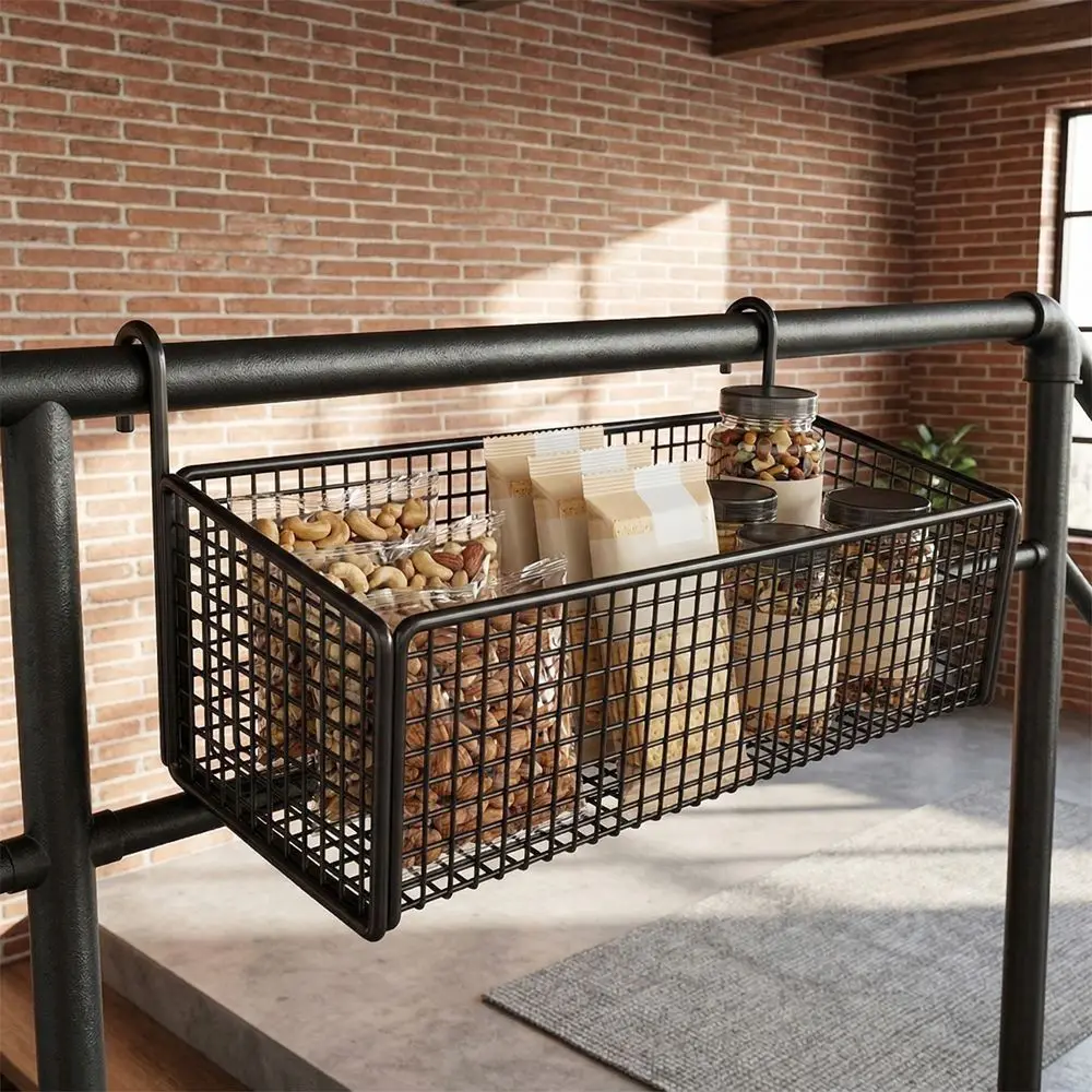 Home Storage Hollow Hanging Storage Rack Iron Holder Bedside Hanging Basket No Drill Large Capacity Space-Saving Shelf Bathroom