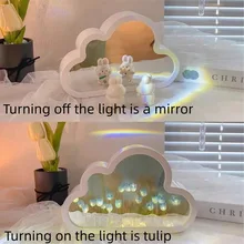  DIY Cloud Tulip LED Night Light Girl Bedroom Ornaments Creative Photo Frame Mirror Table Lamps Bedside Handmade Birthday Gifts 
