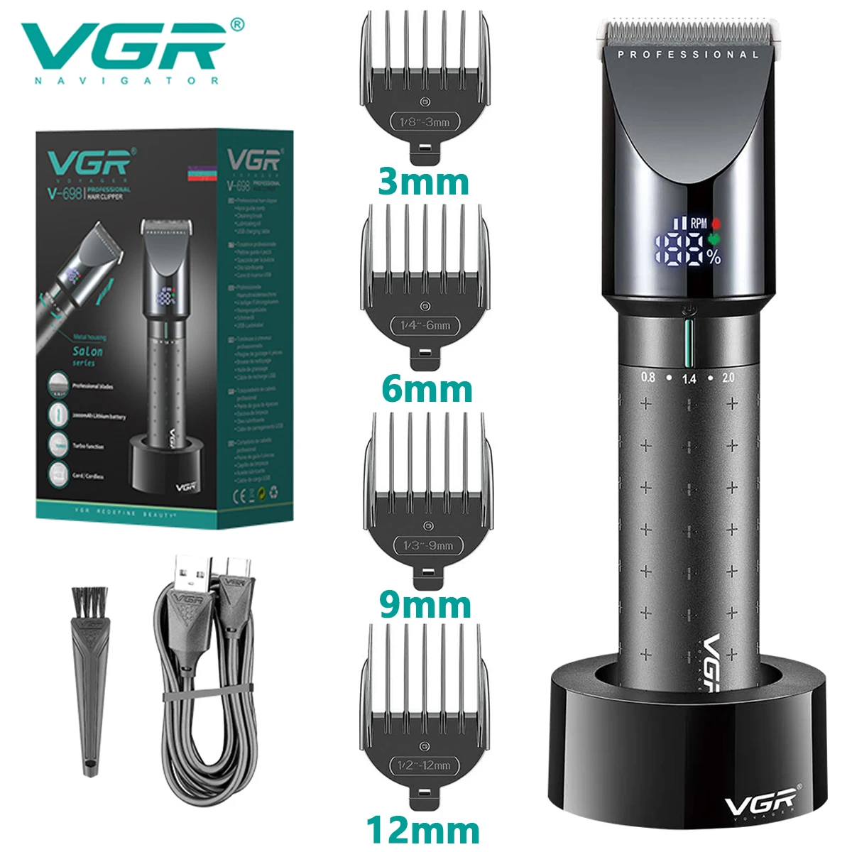 

VGR Hair Clipper Professional Hair Trimmer Electric Hair Cutting Machine Cordless Metal Shell LED Display Clippers for Men V-698