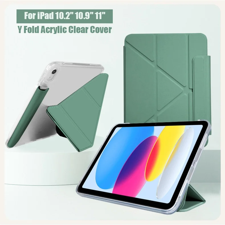 

For iPad 10th 10.9 Air 4 Air 5 10.9 7th 8th 9th 10.2 Pro 11 Leather Case Y Fold Acrylic Clear Cover With Invisible Pen Slot