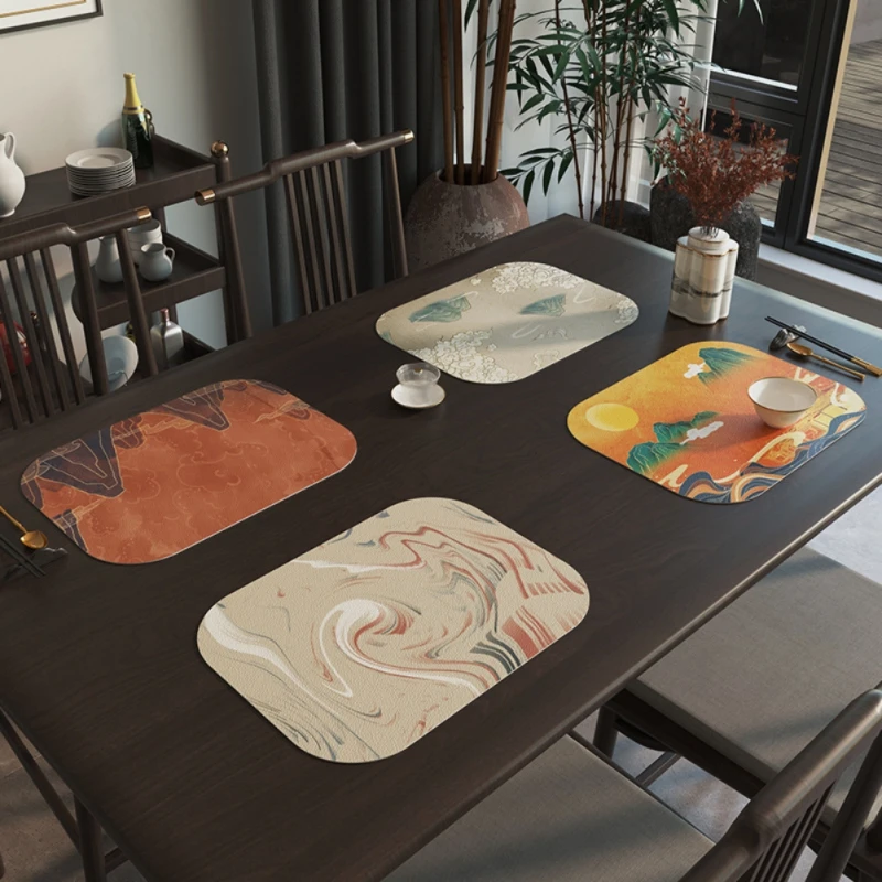 Leather Placemat Chinese Style Printed Dining Mat Waterproof Oil Proof