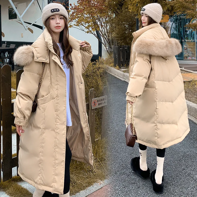 

Down Jacket Women Hooded Thickened 2023 90% White Duck Down Fox Fur Collar Long Coral Yellow Large Coats Color Warm Soft Jackets