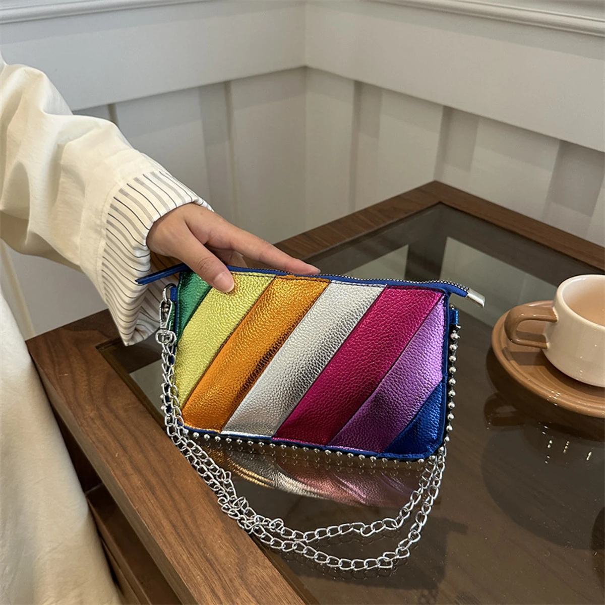 Rivet Shoulder Bag Contrast Rainbow Splice Crossbody Bag