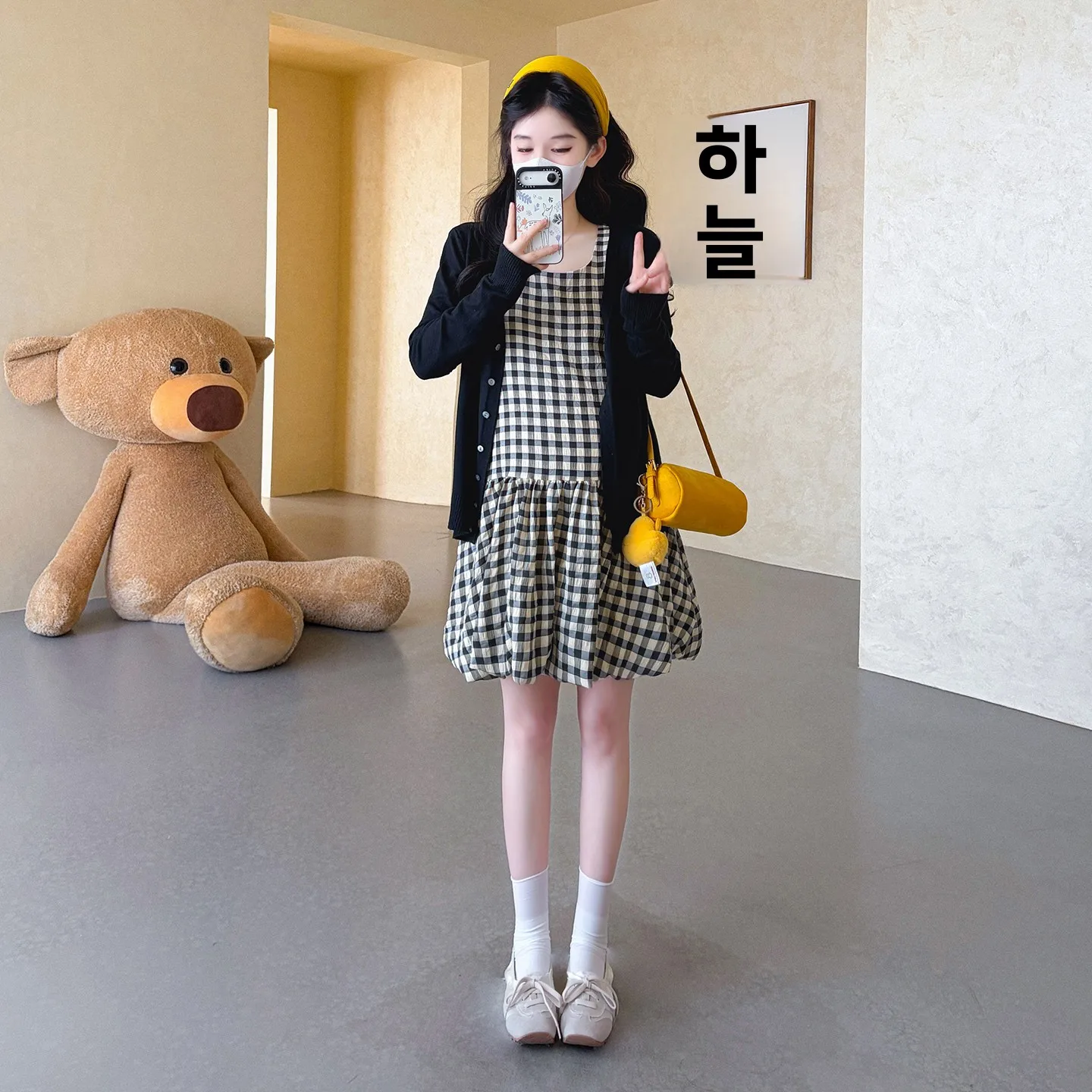 임산부를 위한 세련된 비임산부룩 봄 가을 체크무늬 블루머 스커트 가디건 아우터 투피스 세트 한국 스타일 면 이너