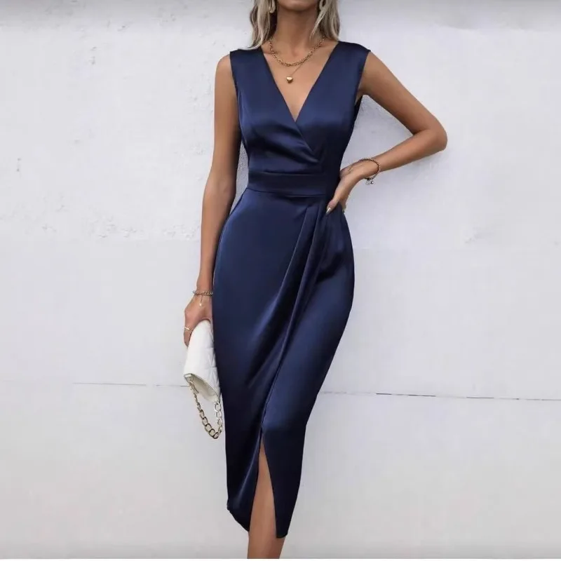 Elegantes Ärmelloses Satin-Gästekleid für Damen Sexy V-Ausschnitt Wickel-Design Geraffter Asymmetrischer Saum Bodycon Cocktail-Abendkleid