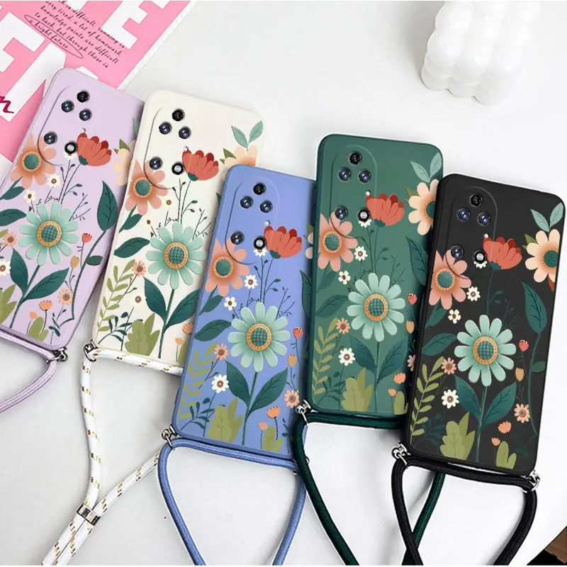Silicone Lanyard Phone Case with Healthy Flowers Design