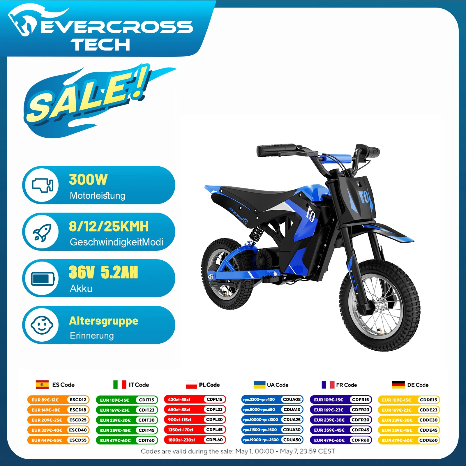 EVERCROSS TECH motocykl elektryczny dziecięcy z EU za $217.19 / ~814zł