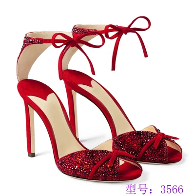 

New Wedding Hollow Red Peep Toe Rhinestone Sandals Summer Female Buckle Ankle-tie Sandals 2022 Women Stiletto Heel 10cm Shoes