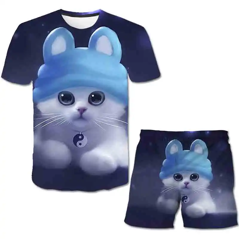 

Летний детский костюм с кошкой, футболка и короткие брюки