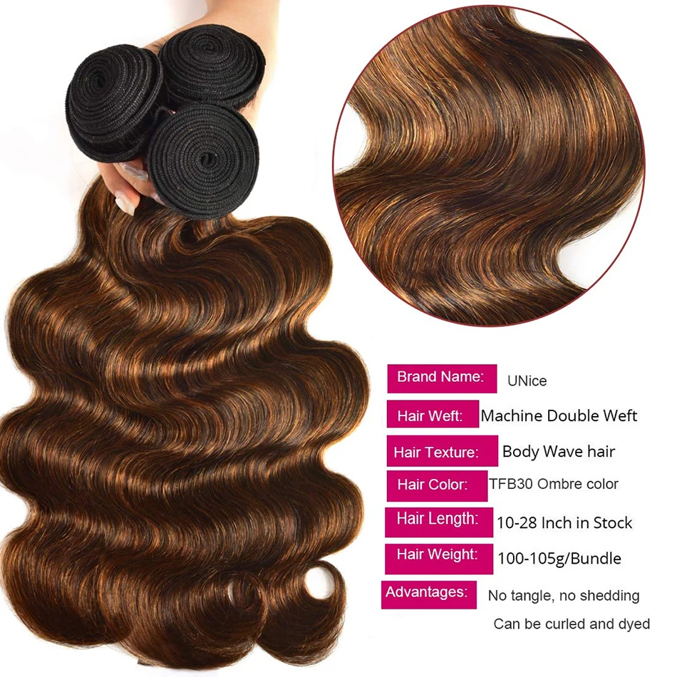 Brown Highlight Body Wave Human Hair Weave Bundles Deal Brazilian Virgin Hair Ombre Blonde Human Hair Wavy Sew in Piano Color 3
