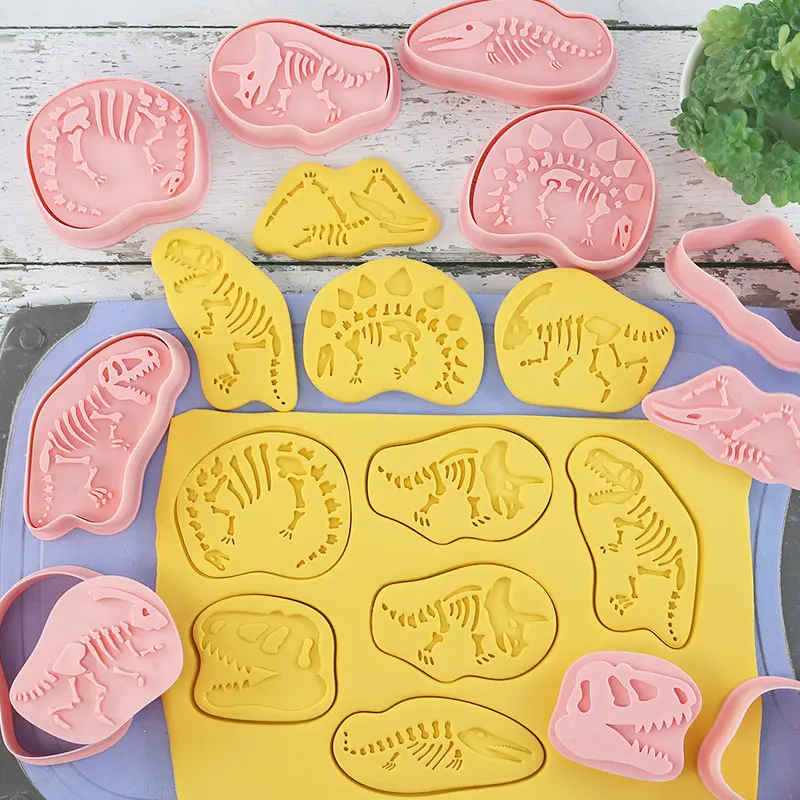 8 Pcs/set Dinosaur fossil Cookie Cutters cookie cutter baking mold cookie mould Plastic 3D Cartoon Pressable Biscuit Mold Cookie Stamp Kitchen Baking Pastry Bakeware