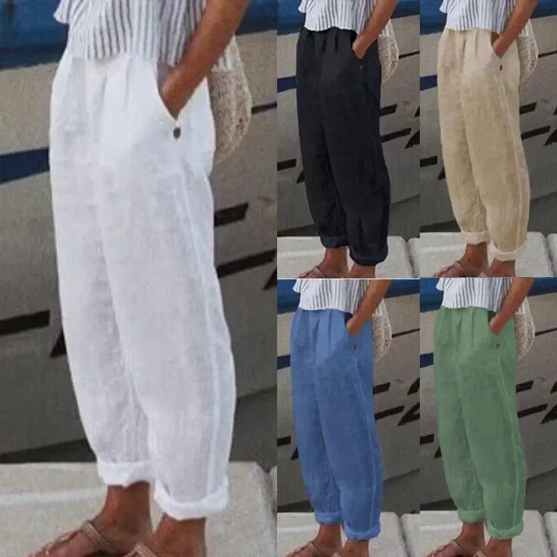 Pantalones De Algodón Y Lino Para Mujer - Pierna Recta, Cintura Alta, Holgados Y Transpirables