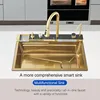 Brushed Gold 304 Stainless Steel Waterfall Style Modern Kitchen Large Single Slot Button Integrated Digital Display Faucet Set 3
