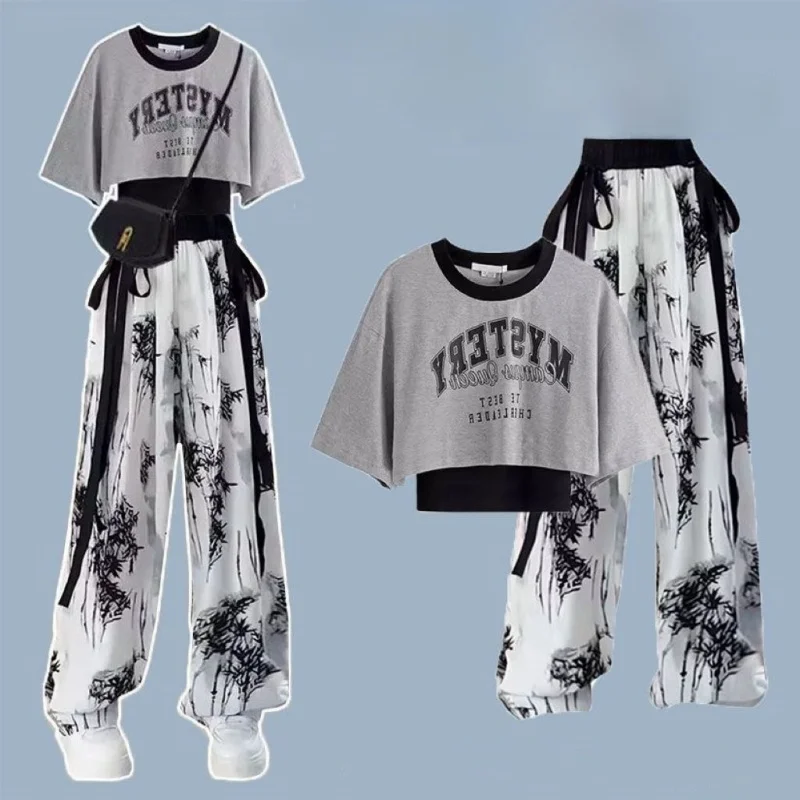 Summer Fashion Set for Women, Korean Loose Top, Suspender Style Tie Up Wide Leg Pants, Women's Three Piece Set Women Outfit