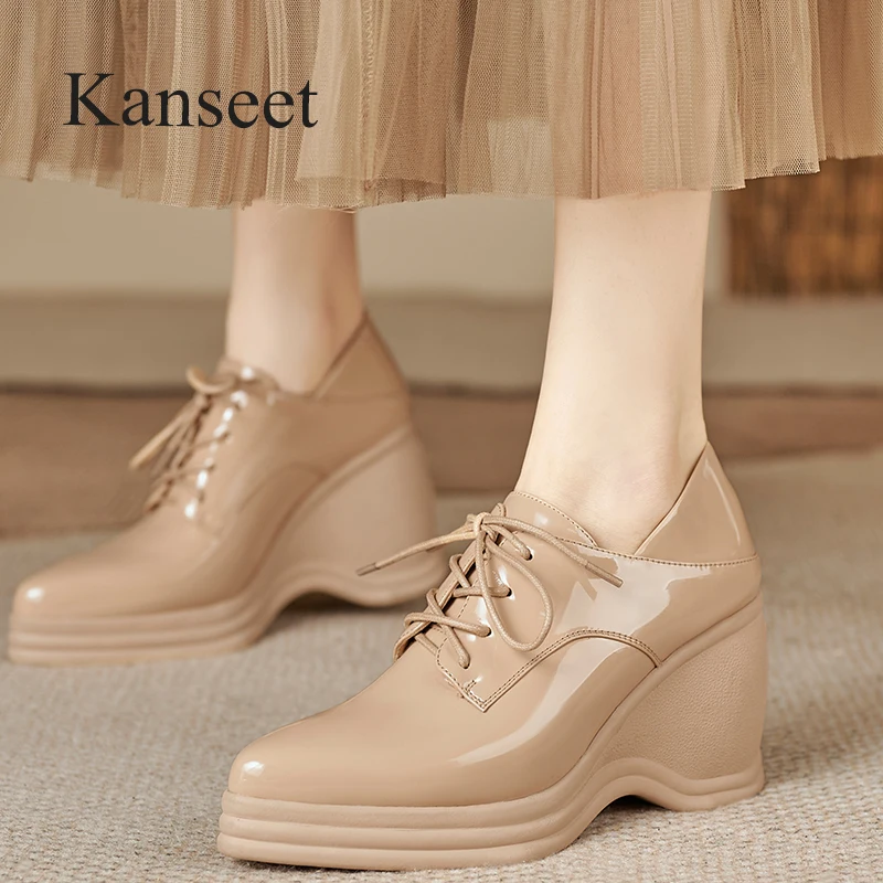 

Kanseet Wedges Women Shoes 2024 Spring Pointed Toe Genuine Leather Pumps Handmade Elegant High Heels Ladies Footwear Apricot New