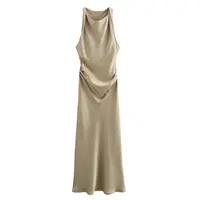 MUJER Satin Ruched Long Dresses for Women Sleeveless Summer Dress Woman off Shoulder Party Womens Dresses Beach Female Dress - Image 3