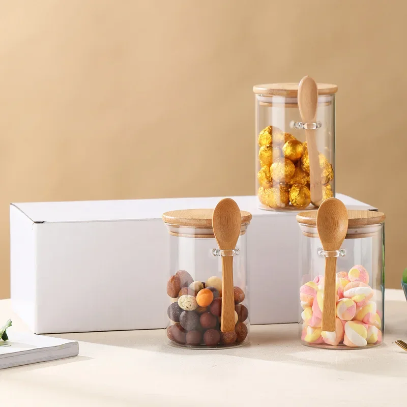 Glass Sealed Jars Seasoning Jars Set with Wooden Spoon and Wooden Lid Seasoning Jars Candy Household Containers Storage Jars 5