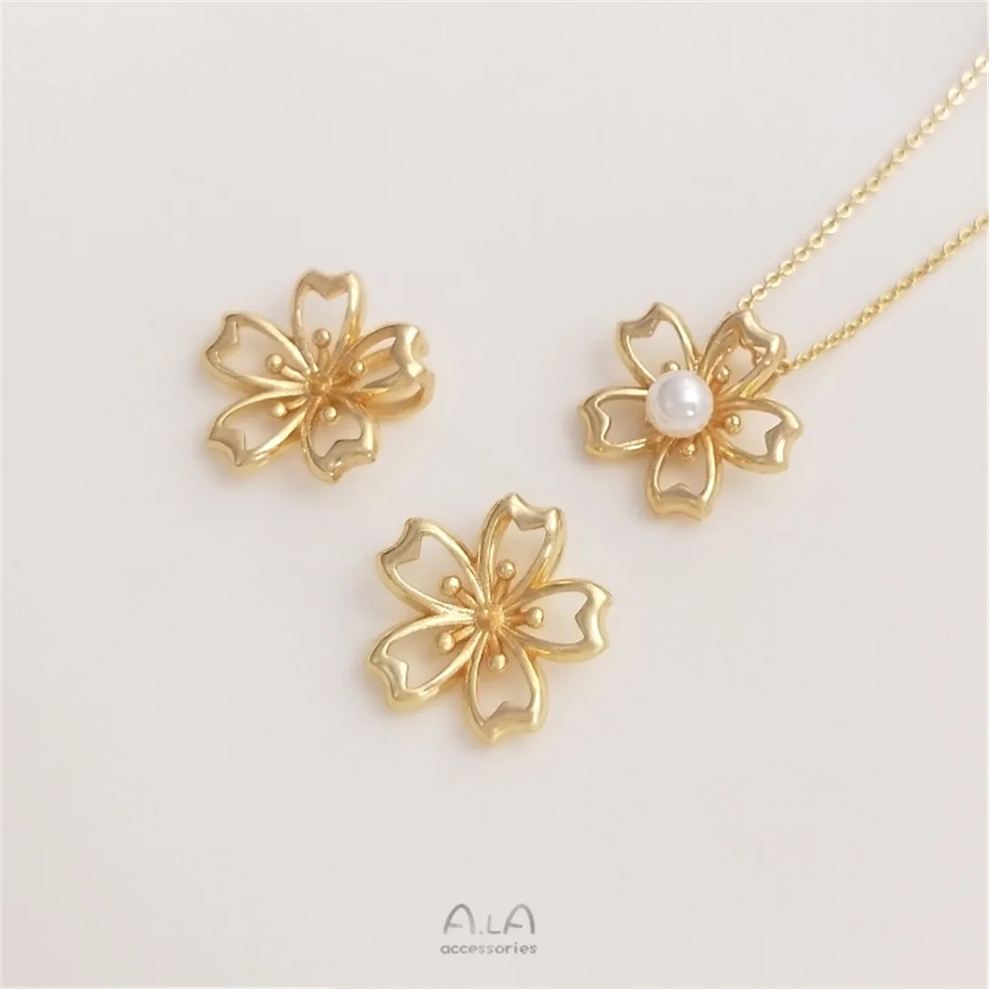 

14K Gold Sakura Necklace Pendant with Half Hole Crystal Pearl Bracelet, DIY Handmade Pendant Accessories Material C369