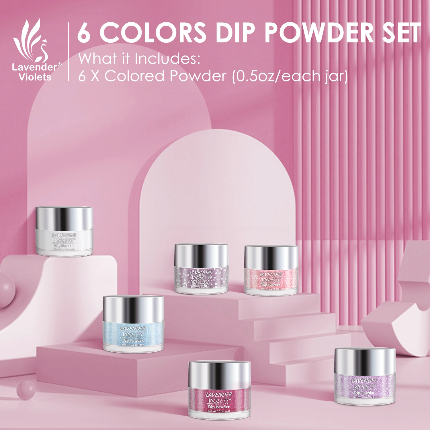 6 x 0.5oz Large Capacity Glitter Pink Purple Blue Colors Air Dry Dipping Powder Set Long Lasting for Nail Art Design 6