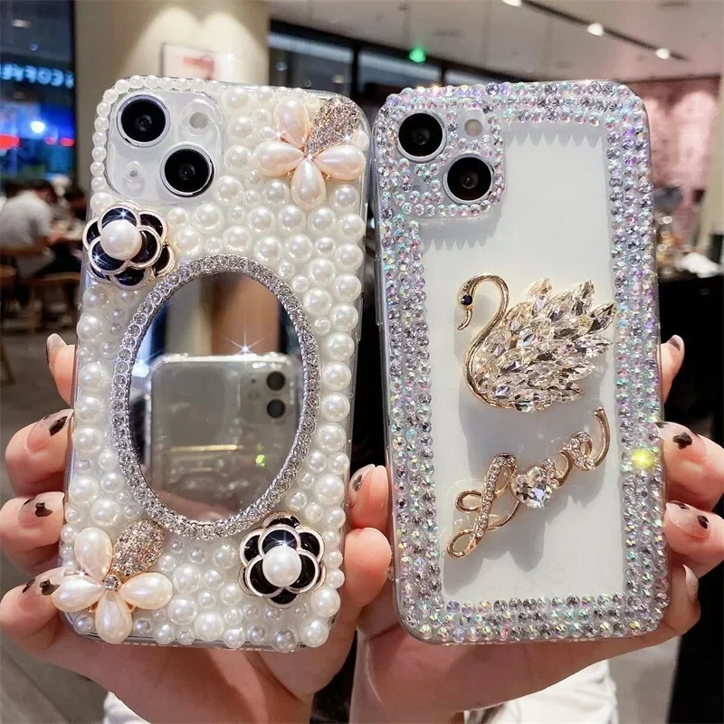 

3D Camellia Swan Bling Diamond Chain Phone Case for Samsung Galaxy S23 S22 S21 S20 Plus + Ultra FE S24 S10 Lite Note 10 20 Pro
