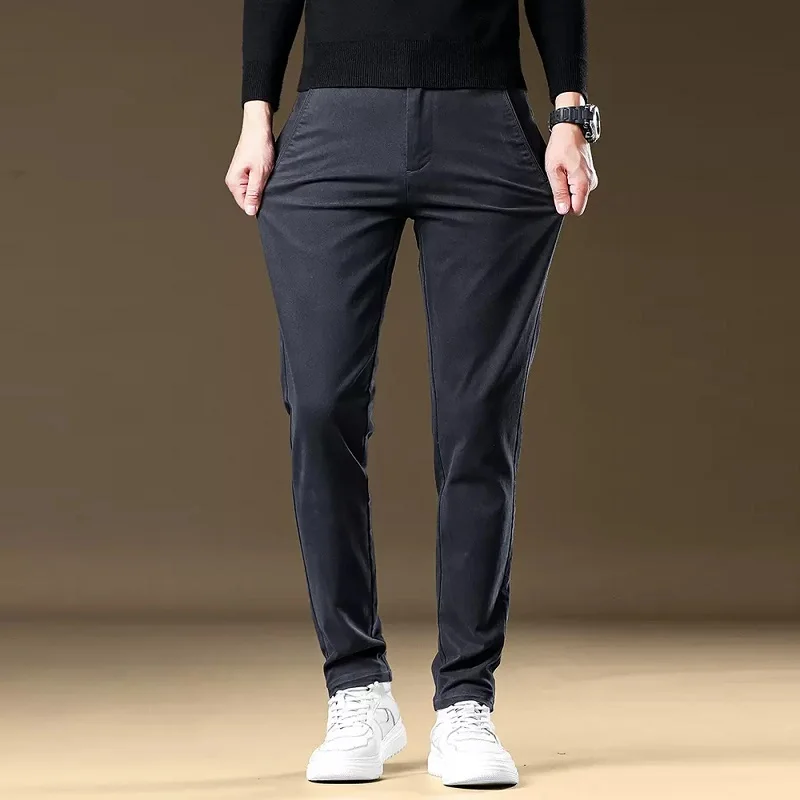 Autumn Casual Pants Men Dark Gray Regular Straight Trousers Mens Business Suit Pants CP2077