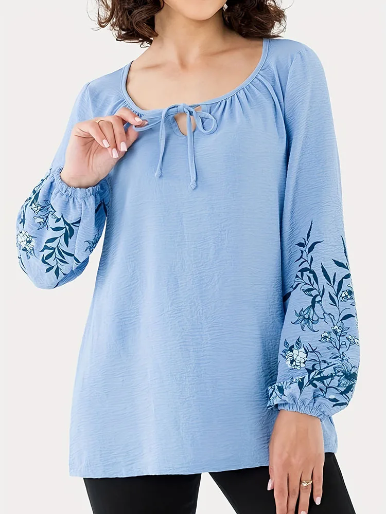 

Plus size women's new fashionable temperament casual loose bubble sleeve print splicing design lace up top T-shirt