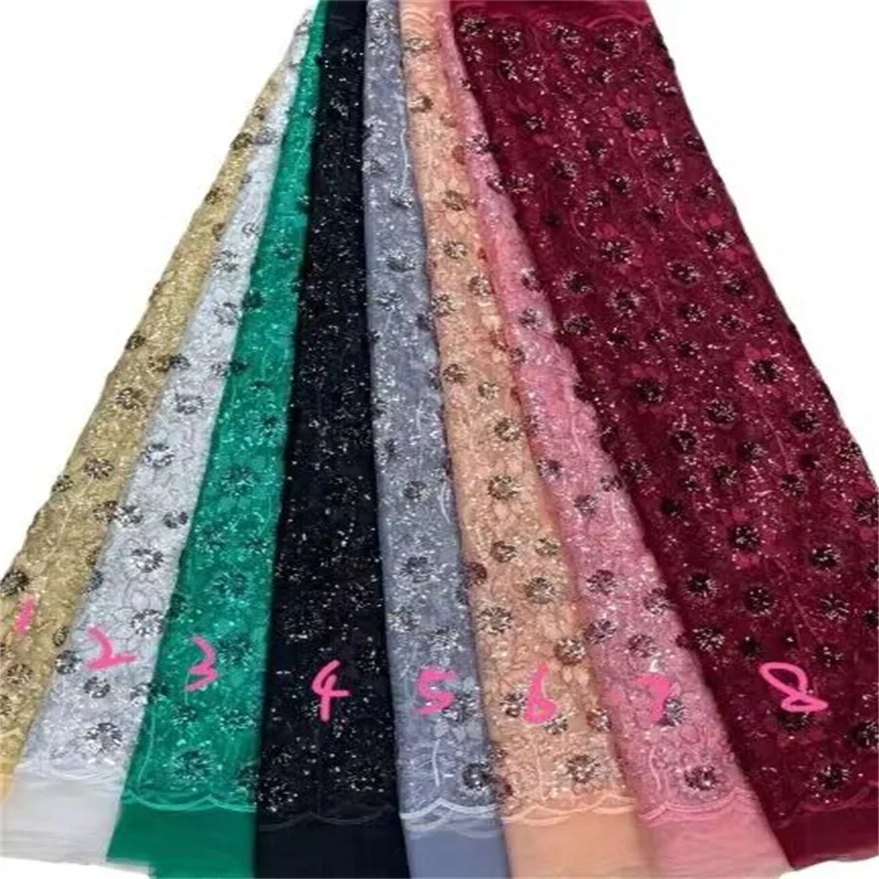 

Fashion New Design African Sequins Lace Fabric 5 Yards High Quality French Tulle Nigerian Groom for Sewing Dress Wedding Party