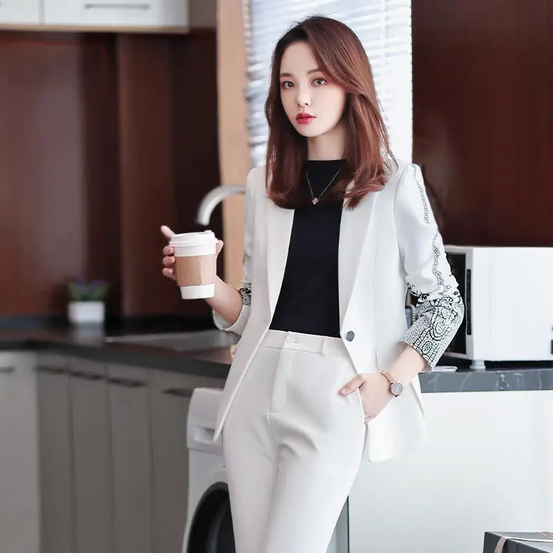 IZICFLY New Style Spring Summer High Quality Blue Floral Elegant Business OL Women Pant Sets With Blazer 2 Piece Work Wear
