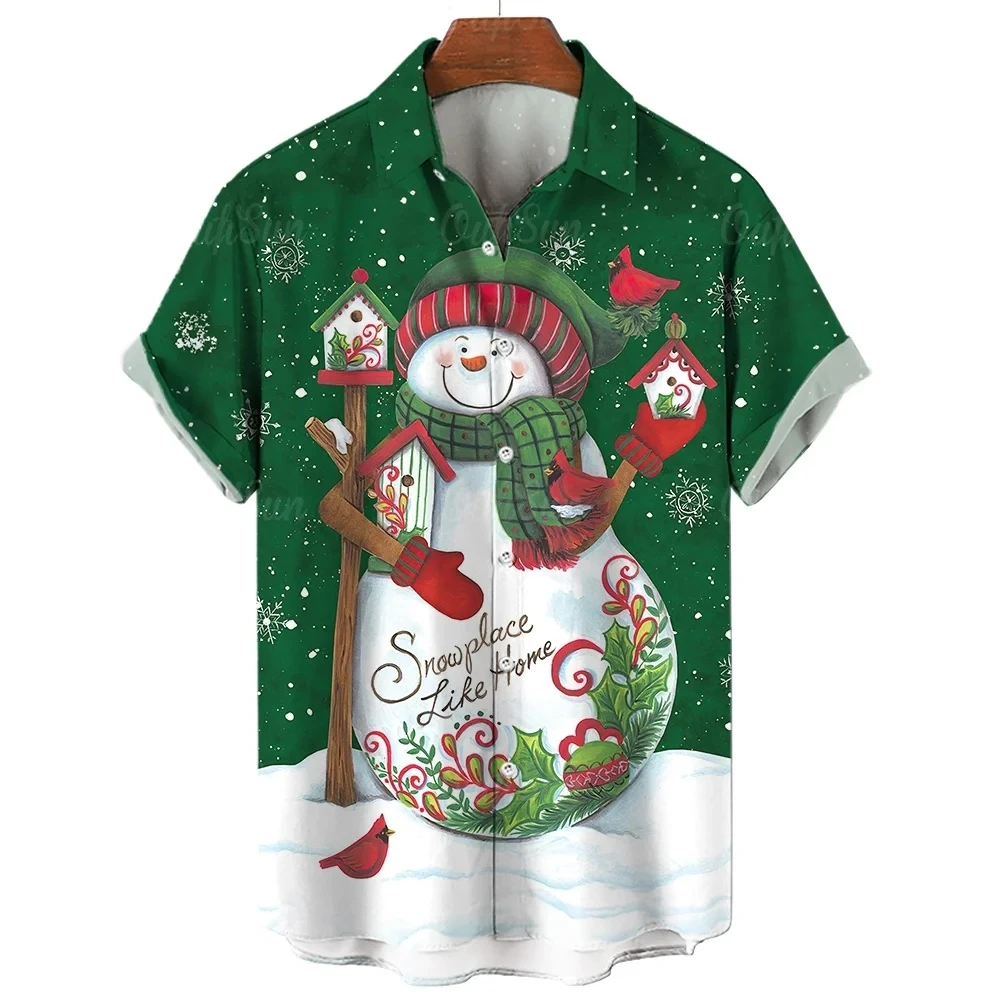 Snowman Christmas Tree Claus Santa Presents Ice Bear Mens Hawaiian Shirt 3d Print Short Sleeved Top Beach Party Clothes Loose 5