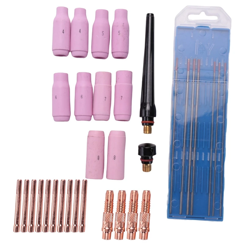 

TIG Welding Accessories Set, Adapter Sleeves+ Housing+ Ceramic Nozzles+ Tungsten Electrodes For WP-26 TIG Welding Torch